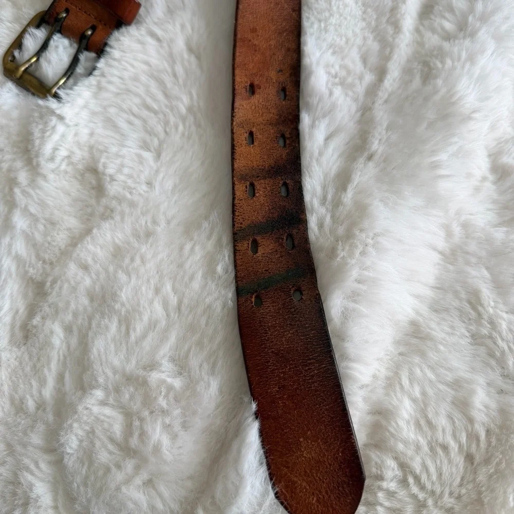 Vintage Distressed Leather Belt Solid Brass Double Prong Buckle Brown Size 34
